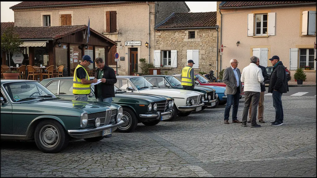 Ligne de départ rallye régularité avec voitures historiques alignées en France