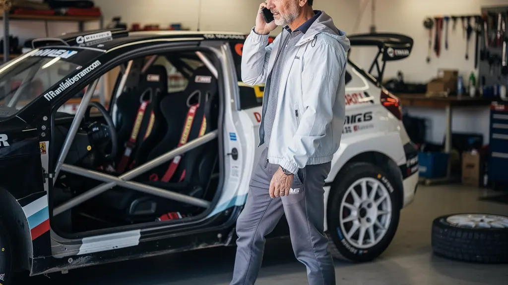 Pilote amateur au téléphone vérifiant assurance près de son véhicule rallye