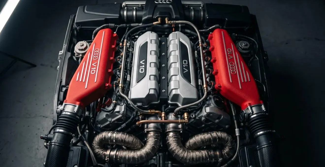 Gros plan d'un moteur V10 de supercar avec éclairage dramatique mettant en valeur la complexité mécanique