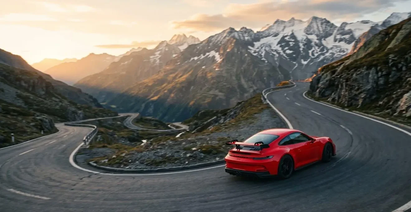 Porsche 911 rouge négociant un virage sur une route de montagne au lever du soleil