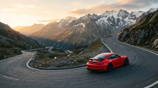 Porsche 911 rouge négociant un virage sur une route de montagne au lever du soleil
