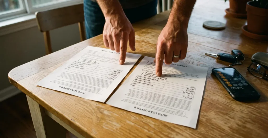 Deux propositions de financement automobile posées côte à côte sur une table, une personne comparant les lignes des deux documents.