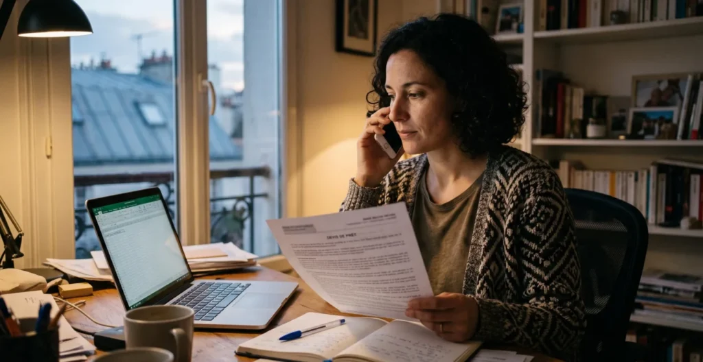 Une personne au téléphone avec sa banque, un devis de crédit concurrent en main, devant un ordinateur portable à domicile.